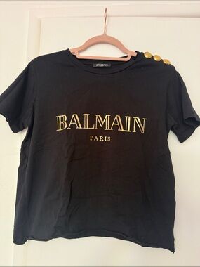 Balmain Black Tee with Gold Logo and Shoulder Buttons